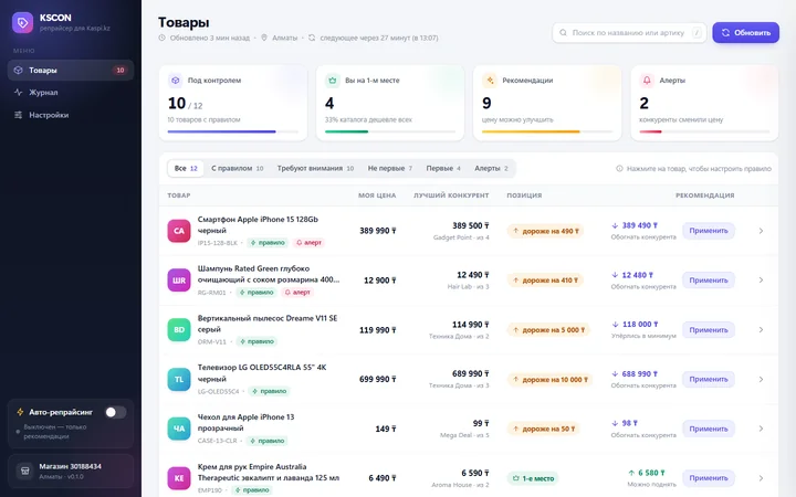 Окно программы KSCON: товары, лучший конкурент, позиция в выдаче и рекомендованная цена